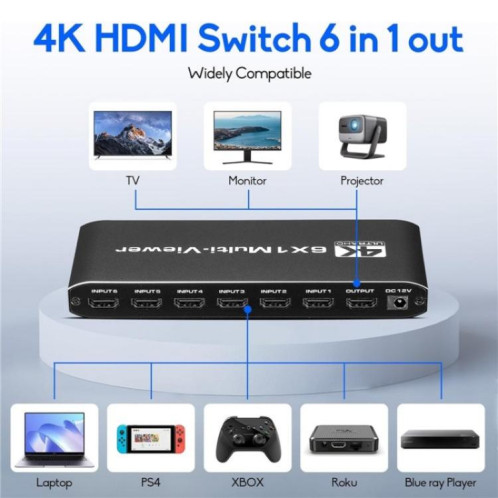 JQF2 4K Commutateur continu Séparateur d'écran Multi-modes d'affichage 6 entrées 1 sortie HDMI Multiviewer, Prise : Prise américaine SH9501819-09